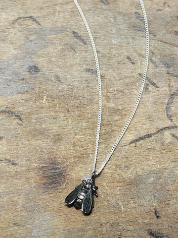 Small Bee Pendant Black Rhodium Sterling Silver 14.6mm x 8.9mm 18" Curb Chain - David Smith Jewellery