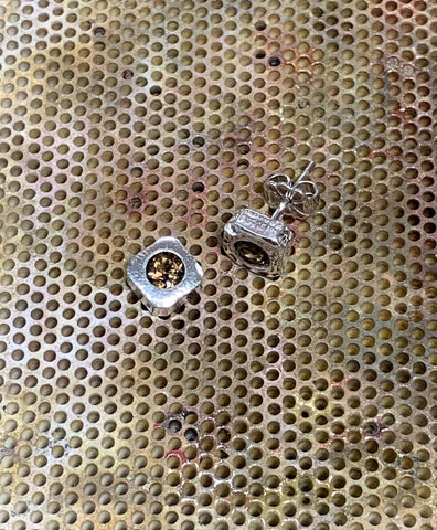 Reticulated Square Stud Earrings Sterling Silver Flush Set 4mm Brilliant Cut Smokey Quartz 6.8mm Wide - David Smith Jewellery