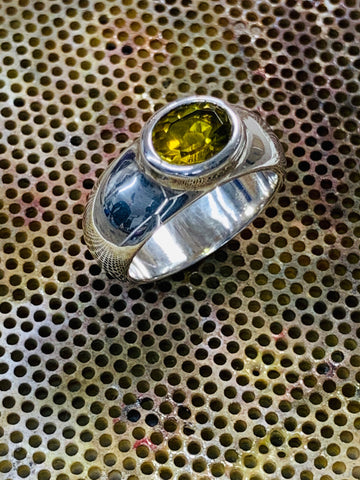 Oval Cut Olive Tourmaline 8mm x 6mm 1.12cts Bezel Set Sterling Silver Ring - David Smith Jewellery