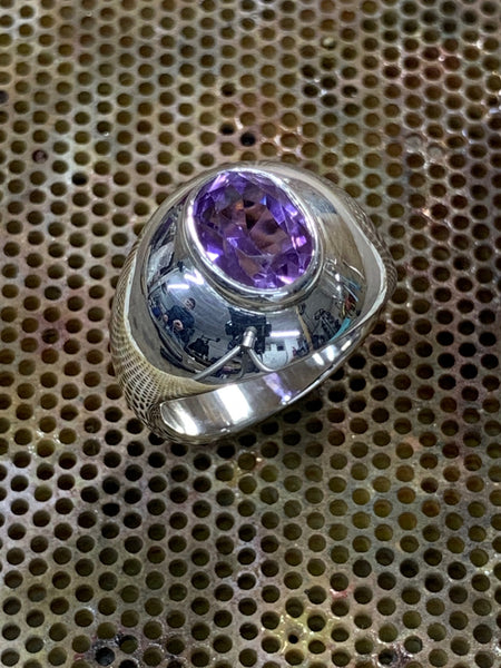 High Domed Ring Sterling Silver Bezel Set Oval Cut Purple Amethyst 8mm x 6mm - David Smith Jewellery