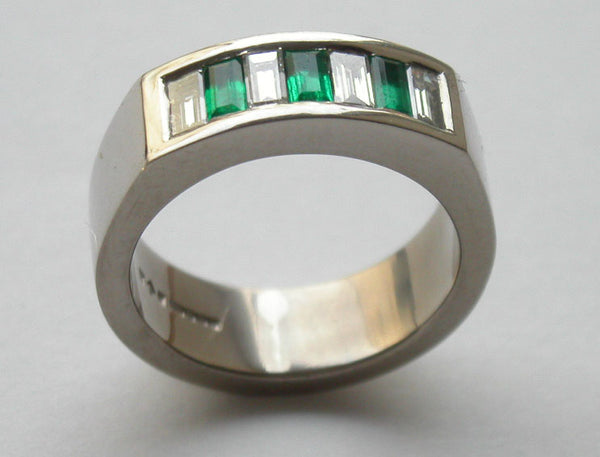 Baguette Cut Diamonds 1.00ct Emeralds 0.60ct Platinum Ring 7mm Channel Set - David Smith Jewellery