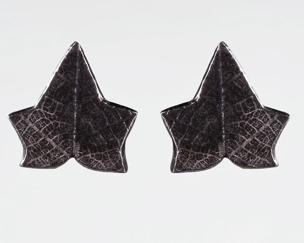 Sterling Silver Ivy Leaf Imprinted Texture Stud Earrings Victorian Gothic Oxidised Finish - David Smith Jewellery