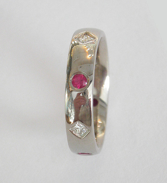 Handmade Princess Cut Diamond G Colour VS1 Clarity Natural Ruby Flush Set Eternity Platinum Ring - David Smith Jewellery